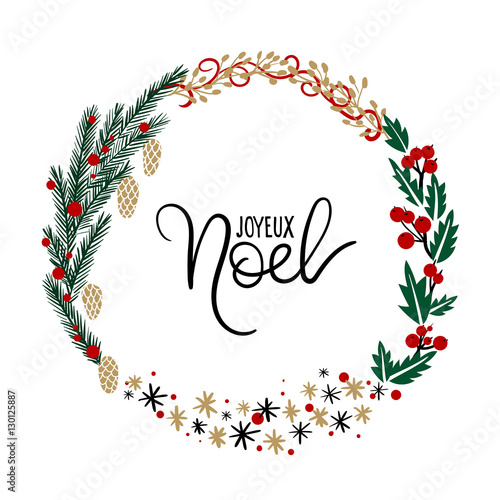 Feliz Navidad Hand Lettering Greeting Card. Vector Illustration. Modern Calligraphy. Christmas Wreath