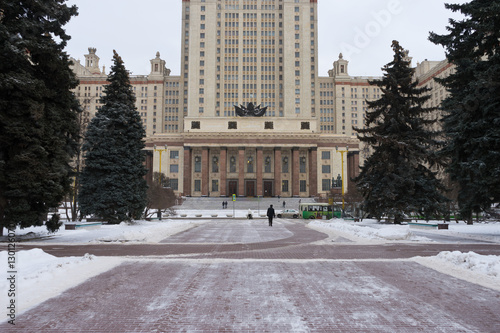 At the entrance to the Moscow State University in winter snow