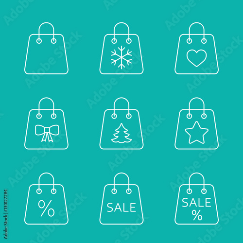 shop handle bag shopping sale store package outline thin line linear white icon on blue background