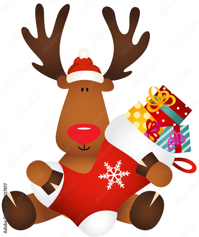 Cute reindeer holding Christmas stocking with gifts