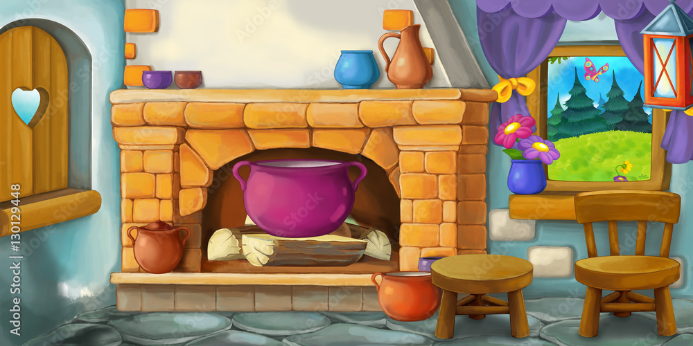 Cartoon background for fairy tale - interior of old fashioned house -  kitchen - illustration for children Stock Illustration | Adobe Stock