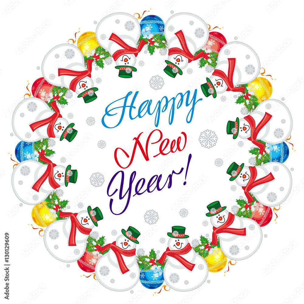 Fototapeta premium Winter holiday label with snowman and greeting text: 