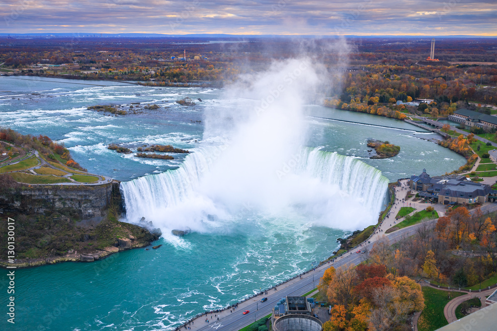 Fototapeta premium Bird View of Niagara Falls Canada and America during sunset
