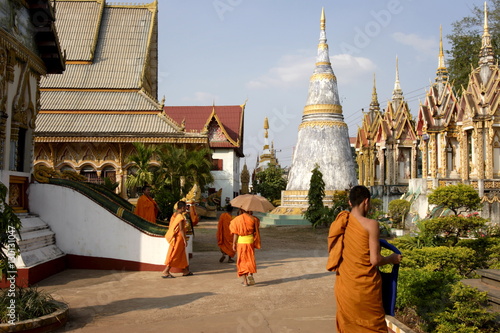 Young monks finish lessons at the Buddhist temple, Pakse, southern Laos photo
