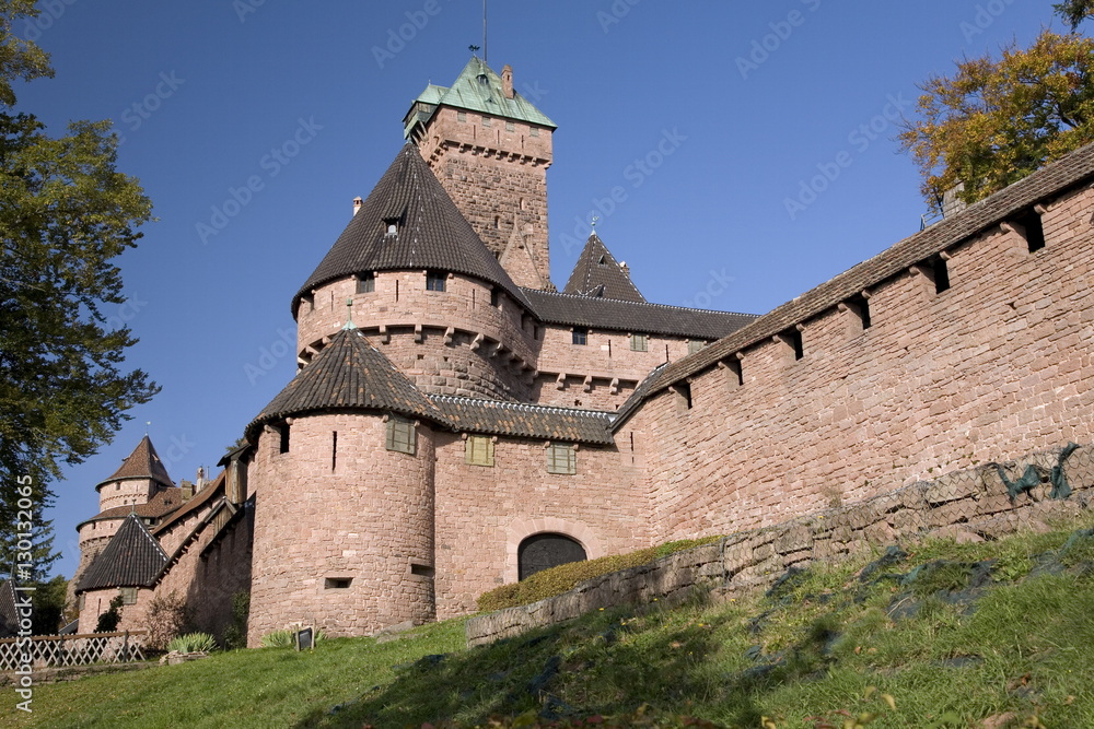 Haut-Koenigsbourg castle exterior walls, an impressive restored medieval castle overlooking the Rhine Plain, Haut Rhin, Alsace, France Haut-Koenigsbourg castle exterior walls, an impressive restored medieval castle overlooking the Rhine Plain, Haut Rhin, Alsace, France