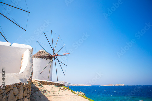 Scenic view of traditional greek windmills on Mykonos island, Cyclades, Greece