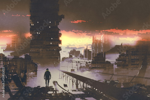man standing in abandoned city,sci-fi concept,illustration painting