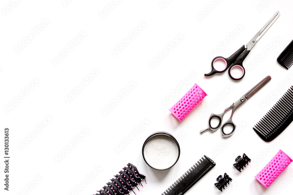 Tools for hair styling on white background top view Tools for hair styling on white background top view