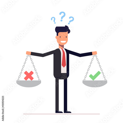 Businessman, manager with weights in his hands is to choose yes or no. Question marks over the head man in a business suit. Vector, illustration EPS10.
