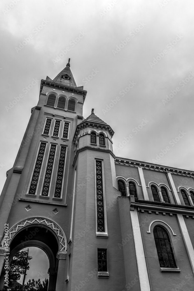 The Nicola Bari Church. Dalat, Vietnam. Black and white.