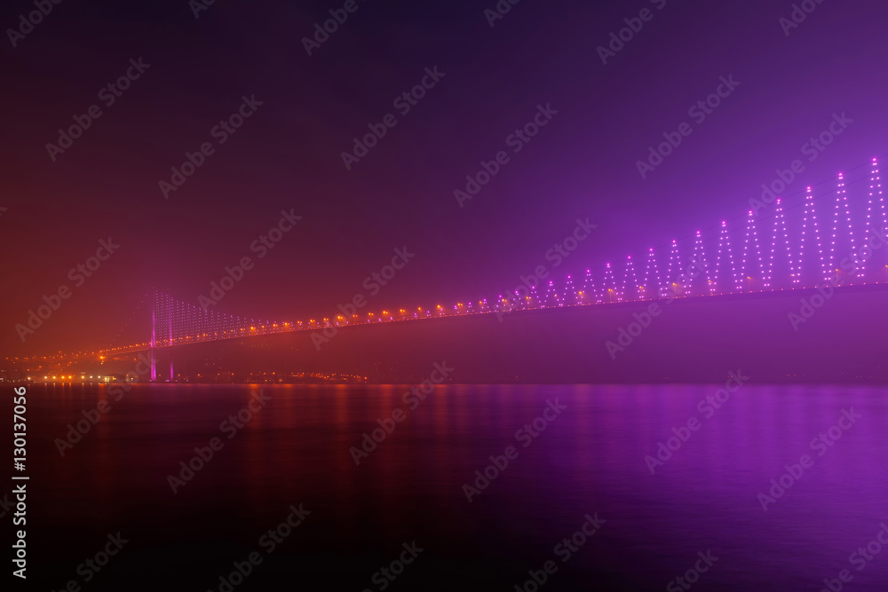 Fototapeta premium 15 July Martyrs - Bosphorus bridge at night in fog