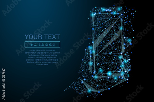 Abstract image of a smartphone in hand in the form of a starry sky or space, consisting of points, lines, and shapes in the form of planets, stars and the universe. Smartphone vector wireframe concept