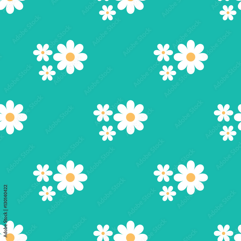 Floral seamless pattern. Cartoon daisies on a blue background.