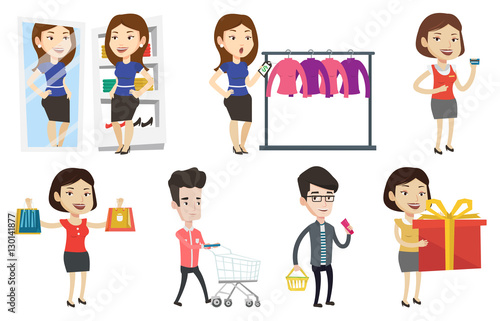 Vector set of shopping people characters.