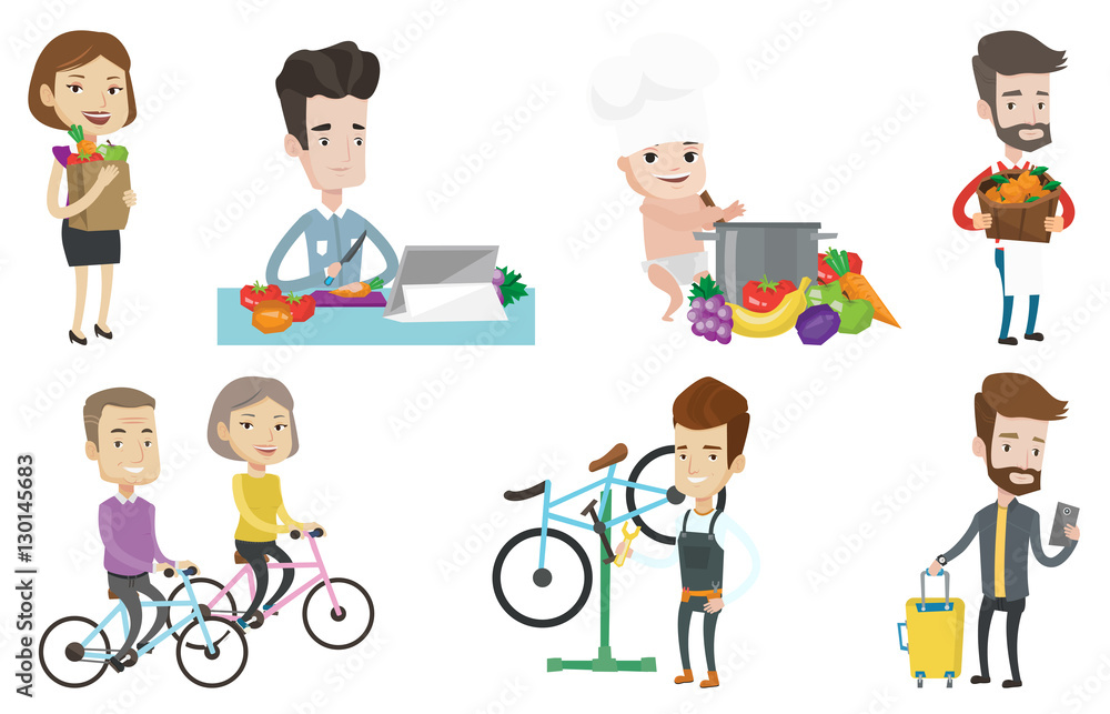 Vector set of people eating and traveling. Vector set of people eating and traveling.