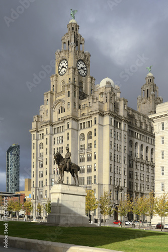 Statue of Edward V11 and the Liver Royal Building, Waterfront, Liverpool, Merseyside photo