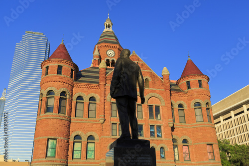 George Dealey statue and Old Red Museum, Dealey Plaza, Dallas, Texas photo
