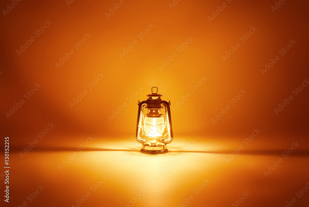Burning kerosene lamp background, concept gold light