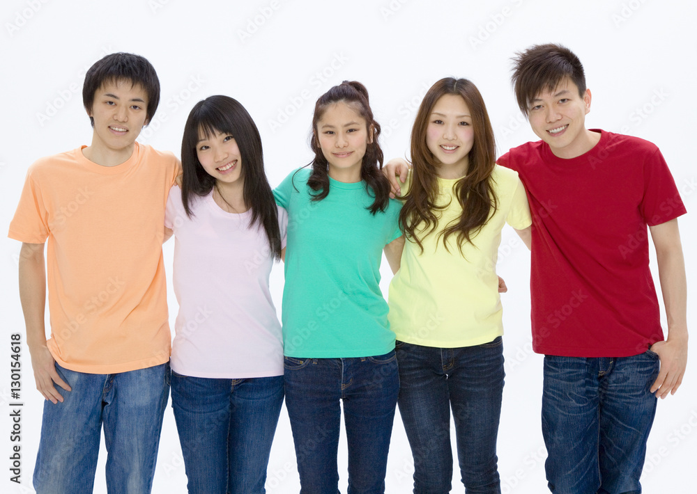 Young men and women with arms around shoulders Young men and women with arms around shoulders