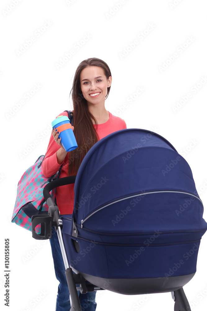 Full length portrait of mother with a stroller, isolated on white background Full length portrait of mother with a stroller, isolated on white background