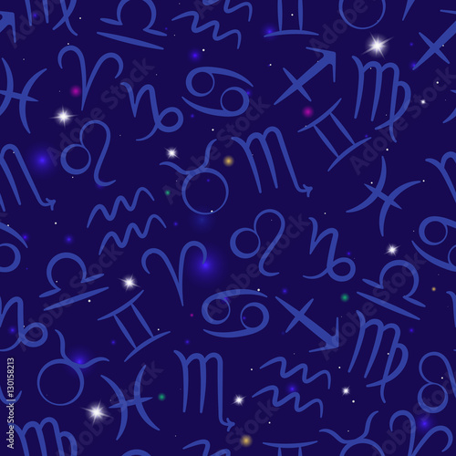Seamless pattern with zodiac signs on the starry blue sky