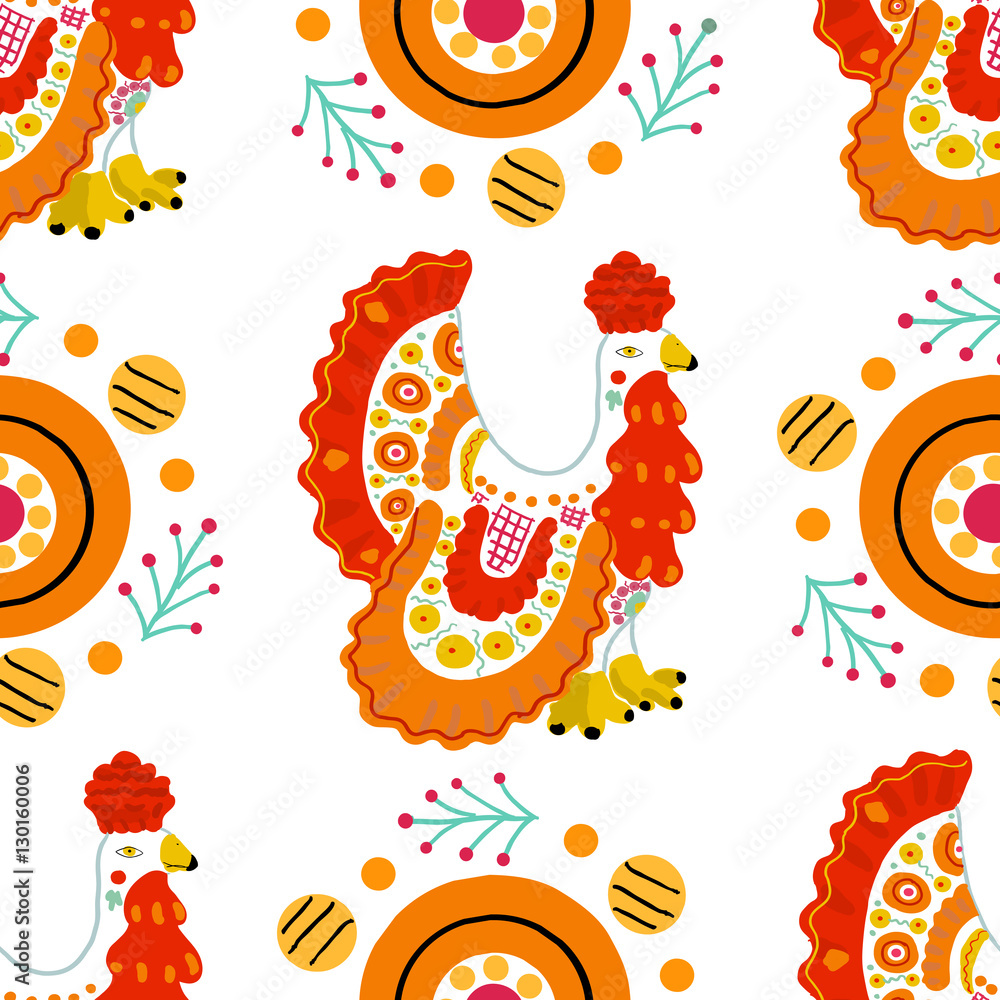 Fototapeta premium Seamless pattern with cock in Russian Dymkovo style. Vector illustration.