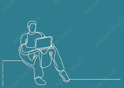 continuous line drawing of man sitting in bean bag with laptop c