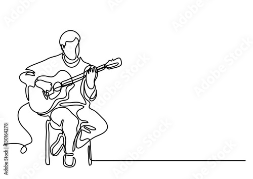 continuous line drawing of sitting guitarist playing guitar