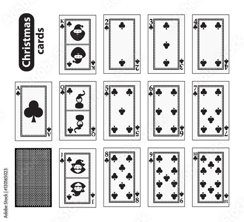 Cards Poker Set Christmas icons. black club suit. Santa claus, girl and elf - just schematically, uniformly. Illustration vector. 