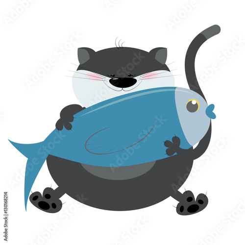 Cat cartoon fish holds in paws. I like to fish. Vector illustration