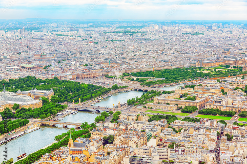 Panorama of Paris view from the Eiffel tower. View of the Seine.