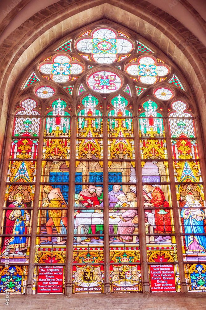 Stained glass inside Cathedral of St. Michael and St. Gudula  is