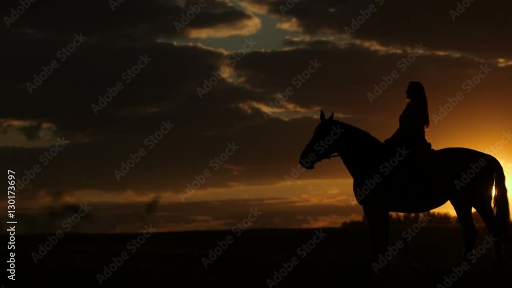 Woman riding horse on field during sunset Woman riding horse on field during sunset