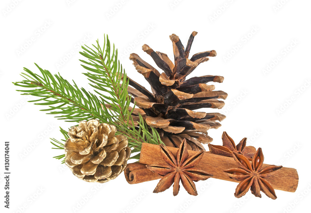 Pine cone, fir tree branch, cinnamon sticks and anise stars on a Pine cone, fir tree branch, cinnamon sticks and anise stars on a