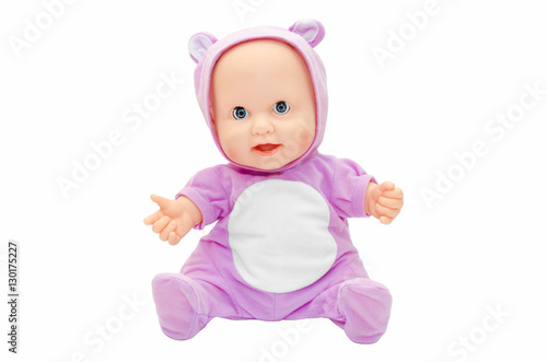 Children's toy doll in purple clothes with a hood