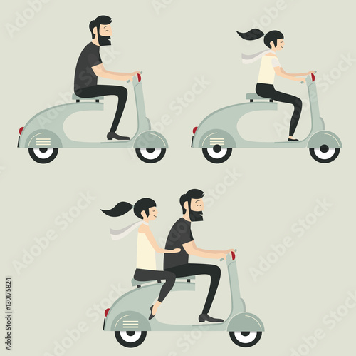 Just married wedding couple riding scooter set