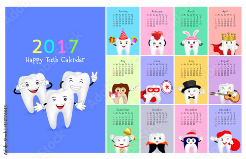 Wall dental calendar 2017. New year planner. Funny cartoon teeth and oral hygiene concept. Toothcare Illustration. Week starts Sunday.
