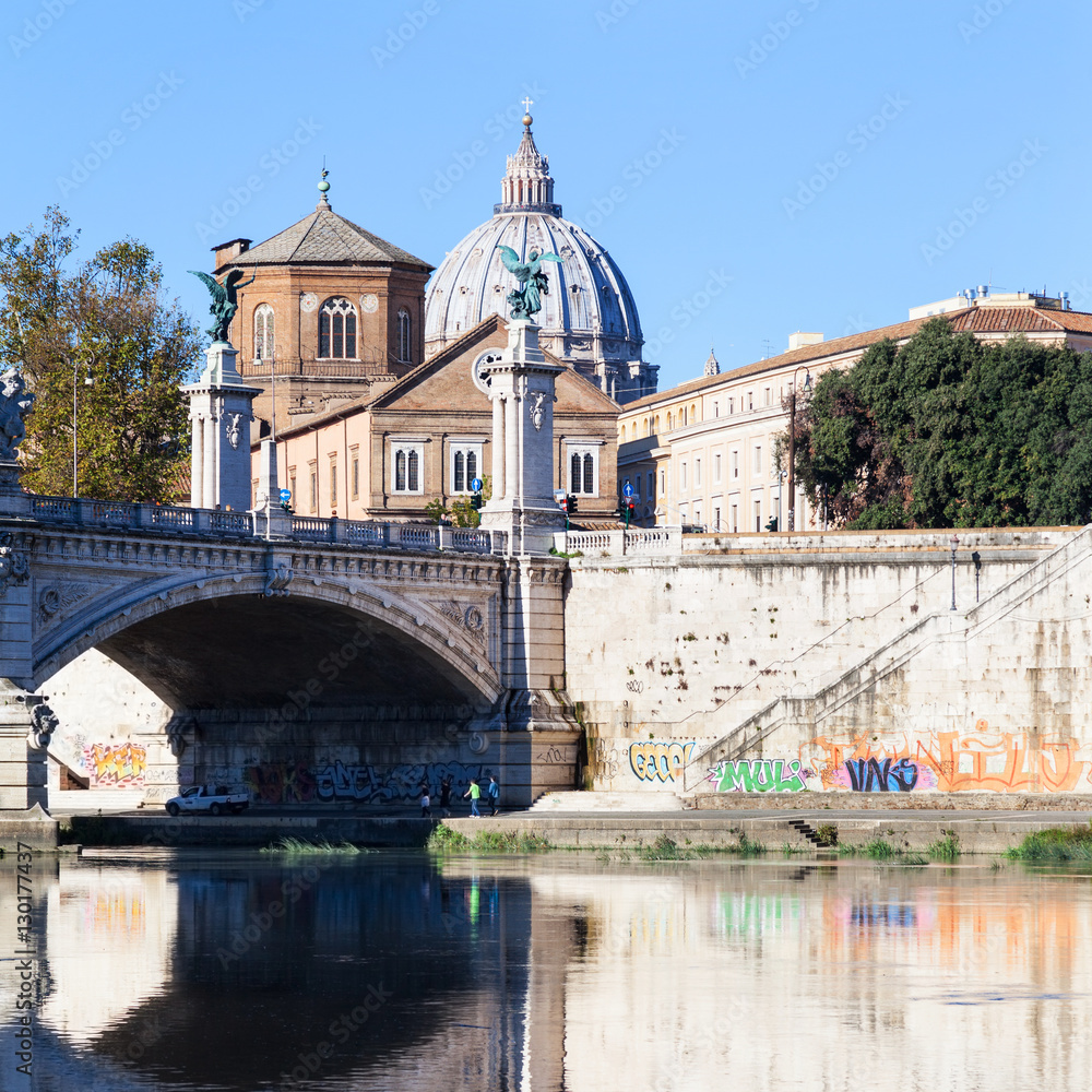 dome of Basilica and bridge from Tiber river