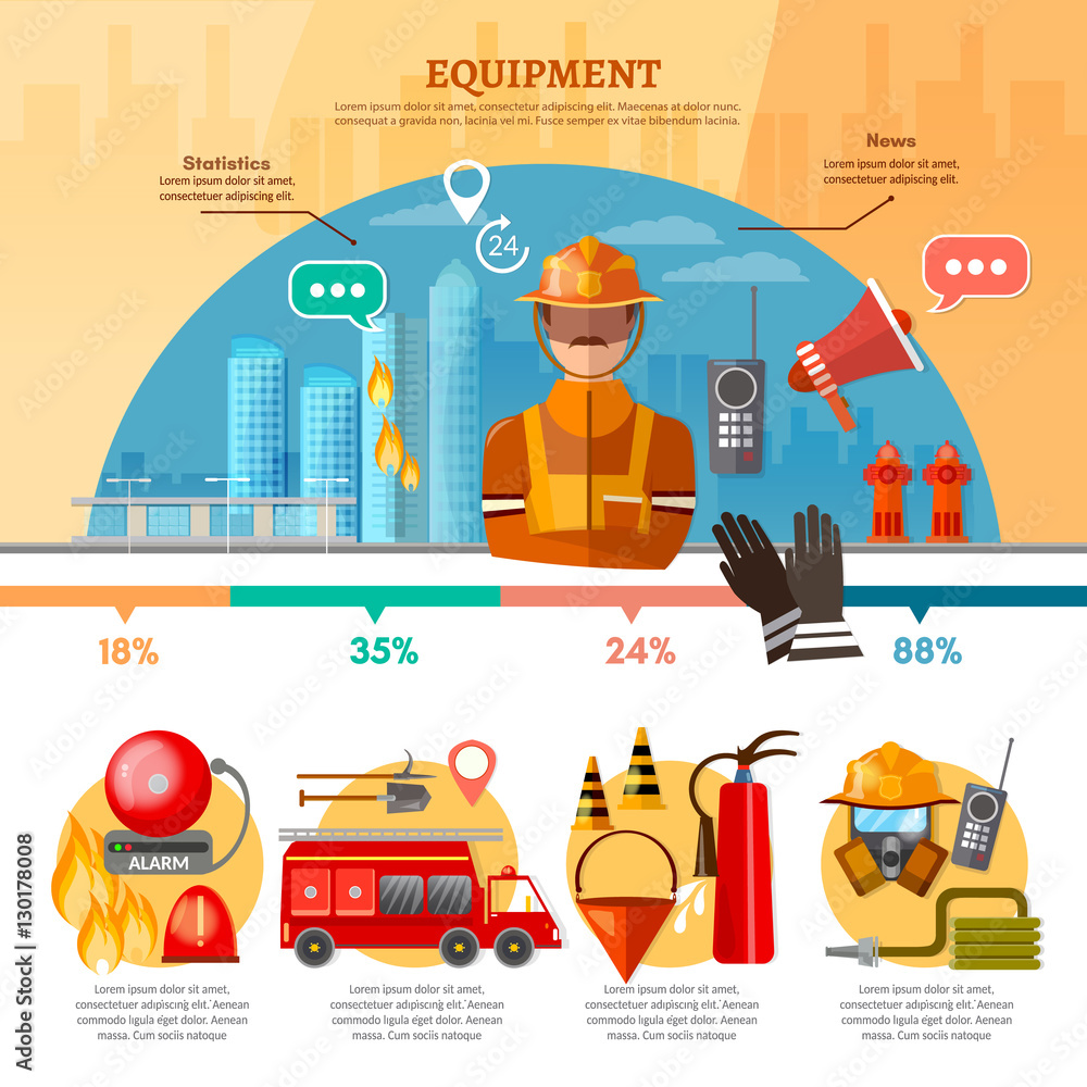 Obraz premium Professional firefighters infographic, equipment fireman