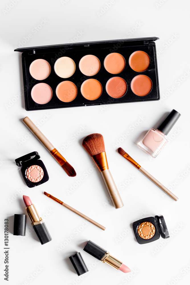decorative cosmetics nude on white background top view decorative cosmetics nude on white background top view