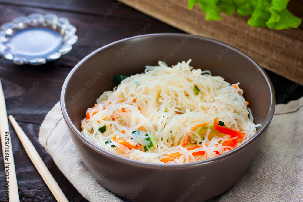 Funchoza salad with rice noodles with cucumber and pepper, horizontal Funchoza salad with rice noodles with cucumber and pepper, horizontal