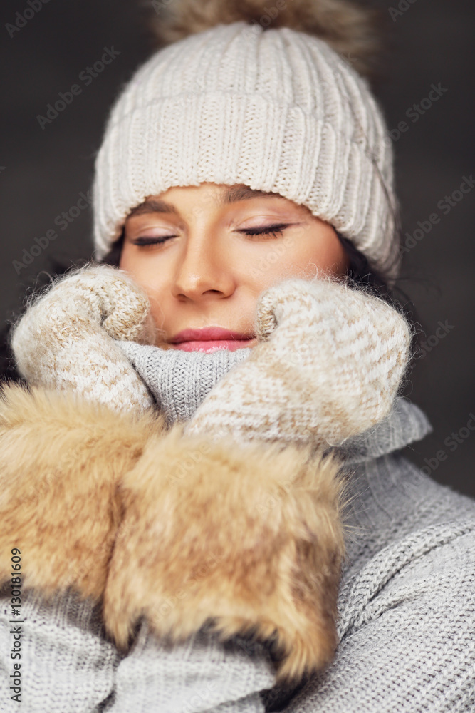 Portrait of joyful female with closed eyes. Portrait of joyful female with closed eyes.