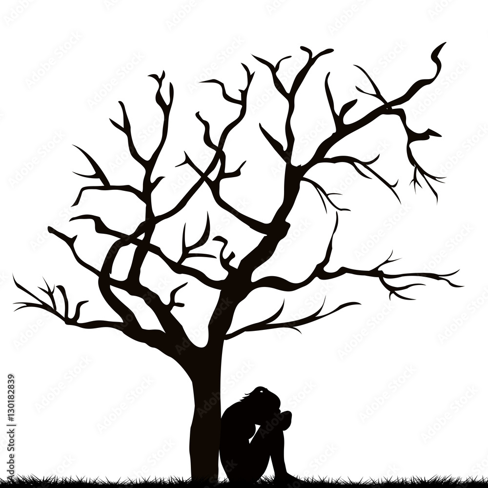 Naklejka Sylwetka smutnej kobiety pod bezlistnym drzewem