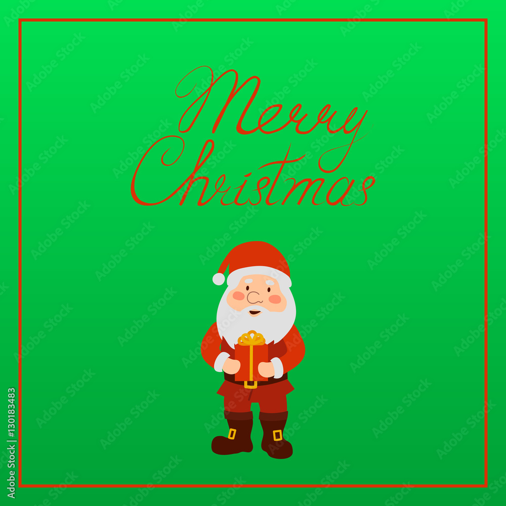 Santa Claus with a gift in hands on green background. Merry Christmas greeting card. Santa Claus with a gift in hands on green background. Merry Christmas greeting card.