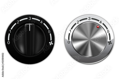 Fan speed switch. Black and silver metal. Car air conditioning
