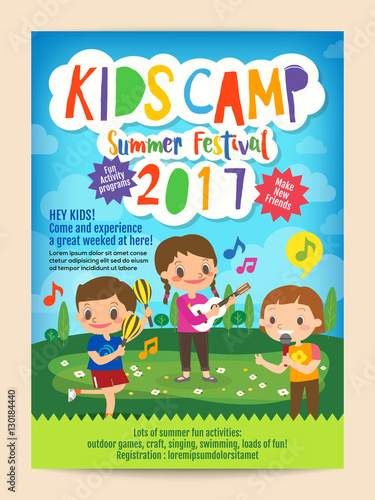 kids summer camp education advertising poster flyer template with illustration of children singing and playing music in background