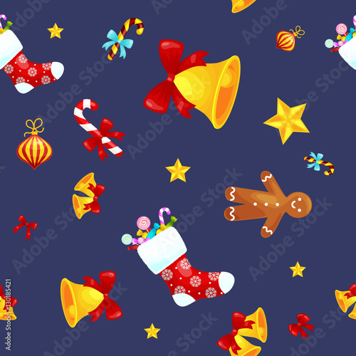 Christmass seamless pattern gingerbread man cookies, jingle bells stocking gifts, xmas background decoration elements texture vector ornament illustration, winter holiday sock with candy and presents