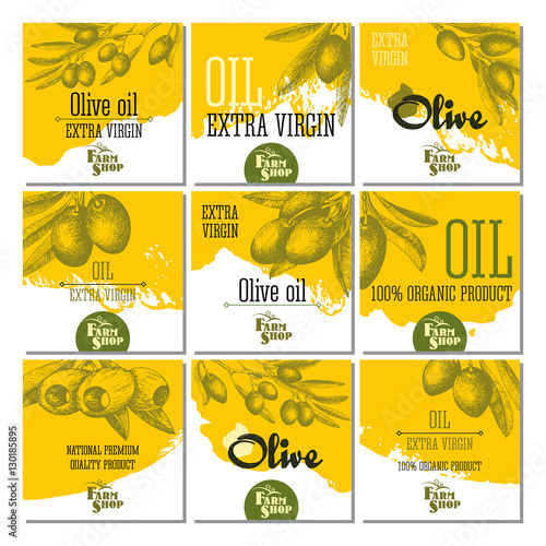 Set of 9 olive cards for design olive oil, Italian and Greece food. Vector hand drawn sketch isolated illustrations olives branches.