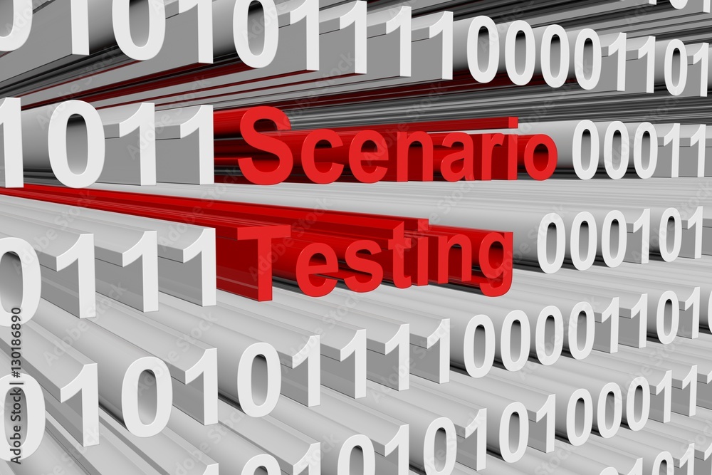 Scenario testing in the form of binary code, 3D illustration