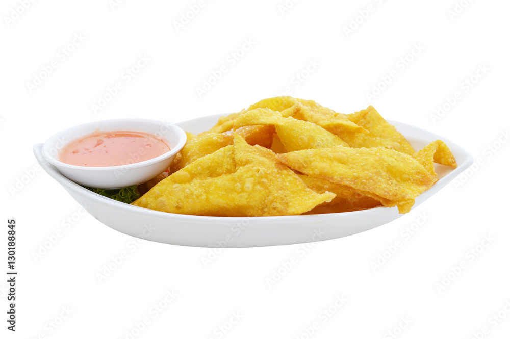 Crispy wonton with chili sauce isolated on white background. Crispy wonton with chili sauce isolated on white background.